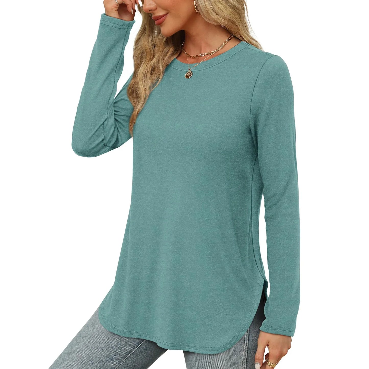 Traf 2024 Mujer Womens Long Sleeve Round Neck Shirts Side Split Basic Loose Tunic Tops Casual Shirts Ropa De Mujer Fashion