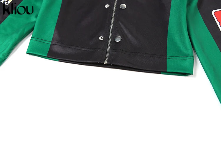 Cutenew Panelled Feather Women Coats New Letter Print Patchwork Buttons Full Sleeve Zip-up Crop Jackets Female Street Outwear