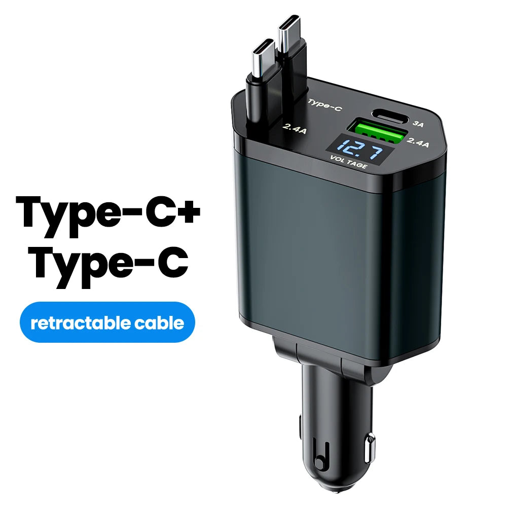 Elough 4 IN 1 Retractable Car Charger Fast Charging USB C To USB C ios Cable Charger USB Type C Car Adapter For iPhone Huawei