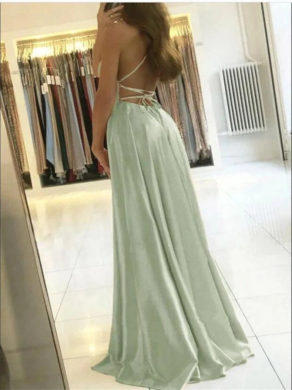Elegant Women Maxi Beach Satin Dress Sexy Leg Slit Lace up Evening Prom Gown Adjustable Straps Bridesmaid Dresses