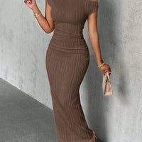 Fashion Water Ripple Slanted Shoulder Dress Women's Elegant And Simple Solid Color A-line Collar Mid-waist Sexy Hip Wrap Skirt