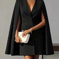 Women Fashion Commuter Solid Blazers Dress Office Double Breasted Waist Party Dress Elegant V-neck Shawl Cape Sleeve Midi Dress