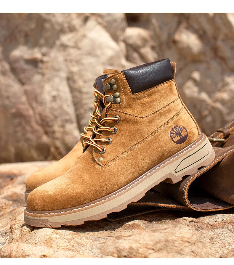 Autumn Winter Velvet Platform Boots for Men Designer Soft-soled Cow Suede Work Shoes Man Fashion Non-slip Yellow Ankle Boot Male