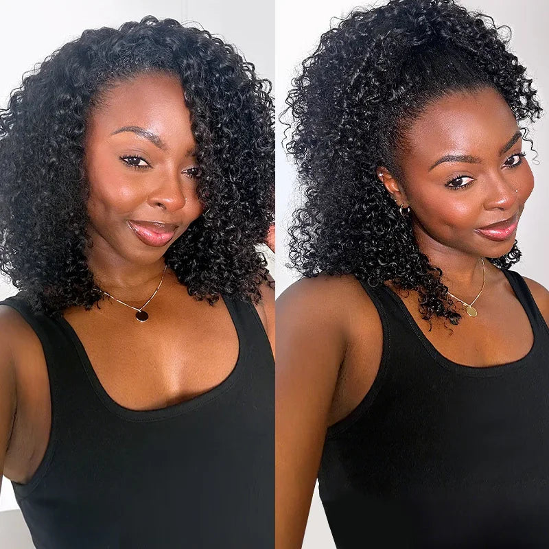 Kinky Curly Half Wig Human Hair Glueless Wear Go Wig 4C Afro Kinky Curly Headband Wig 3 IN 1 Half Wig Flip Over Clip Ins Wig