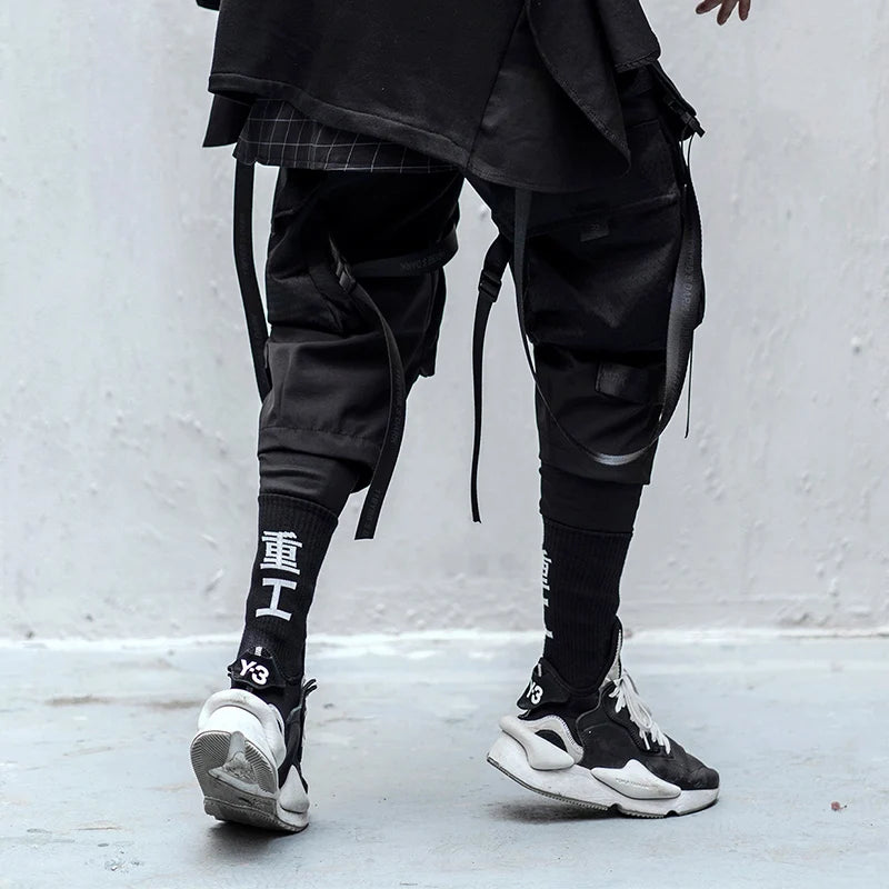 2023 Multi Pockets Tactical Hip Hop Cargo Pants Men High Street Casual Punk Techwear Harem Pants Webbing Buckle Elastic Waist