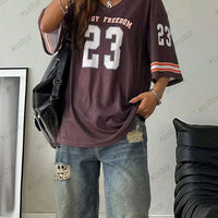 Summer New Black Enjoy Freedom 23 Print T-Shirt For Women V-Neck Short Sleeve Mesh Sports Football Jersey Y2K Oversized Tops