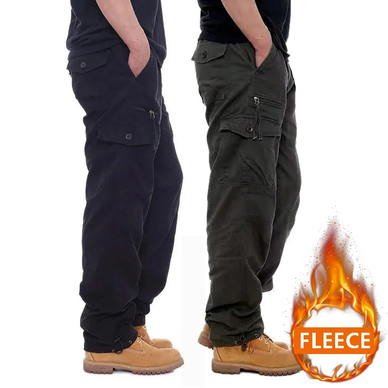 Autumn Winter Mens Cargo Pants Fleece Warm Trousers Cotton Pants Insulated Hiking Running Pants Man Multiple Pockets