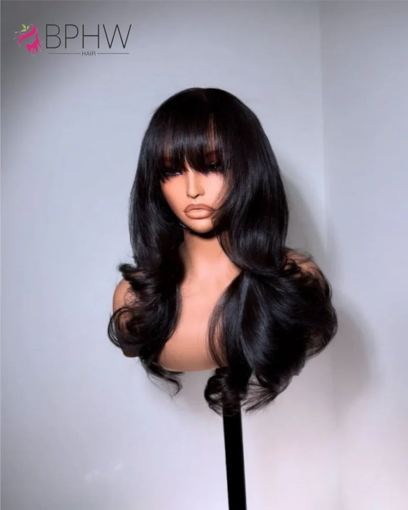 Body Wave Wig With Bangs Brazilian Human Hair Wig Sale Full Machine Made Fringe Glueless Wigs Ready To Wear 100% Original Hair