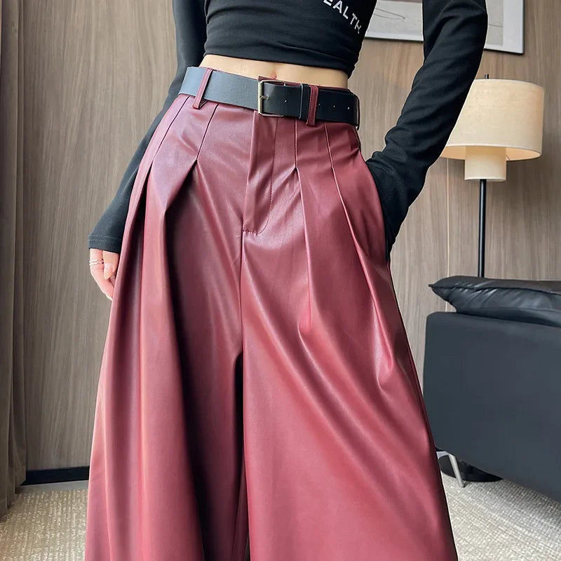 High Waist Wide Leg PU Leather Pants Women's Suit Casual Floor Length Trousers Autumn Winter New Style Loose Fit Long Pants