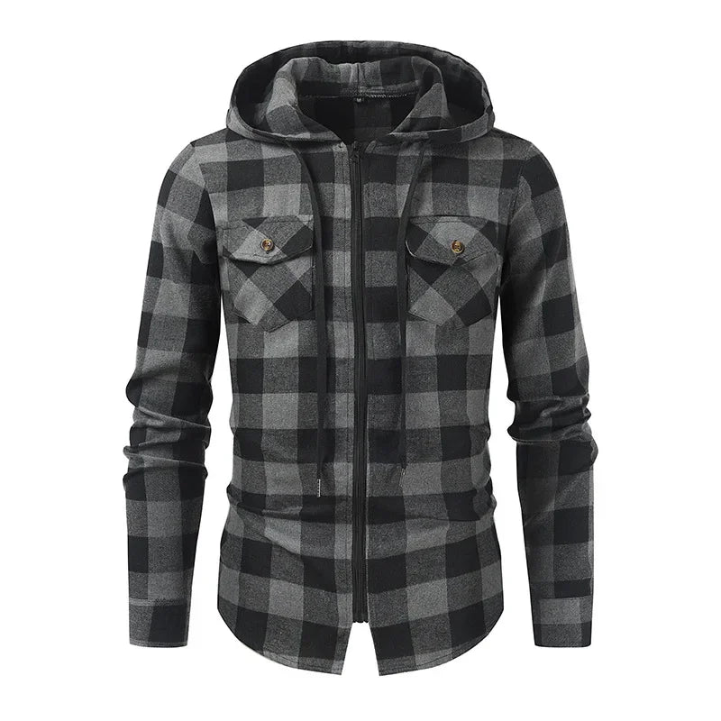 Men's New Plaid Hooded Sweater Long Sleeve Casual Thin Jacket Stand Hooded Shirt European Style Fashionable Outwear