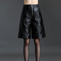 ZUZK  Warm Black PU Leather Thick Bermuda Shorts For Women Winter  Knee Length Shorts Motorcycle Punk High Waist Bermuda Femme