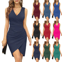 Summer Sexy Solid Sleeveless V-Neck Women Dress Hip Slim Fit Ruched Bodycon Skirt Fashion Simple Ladies Evening Party Dress