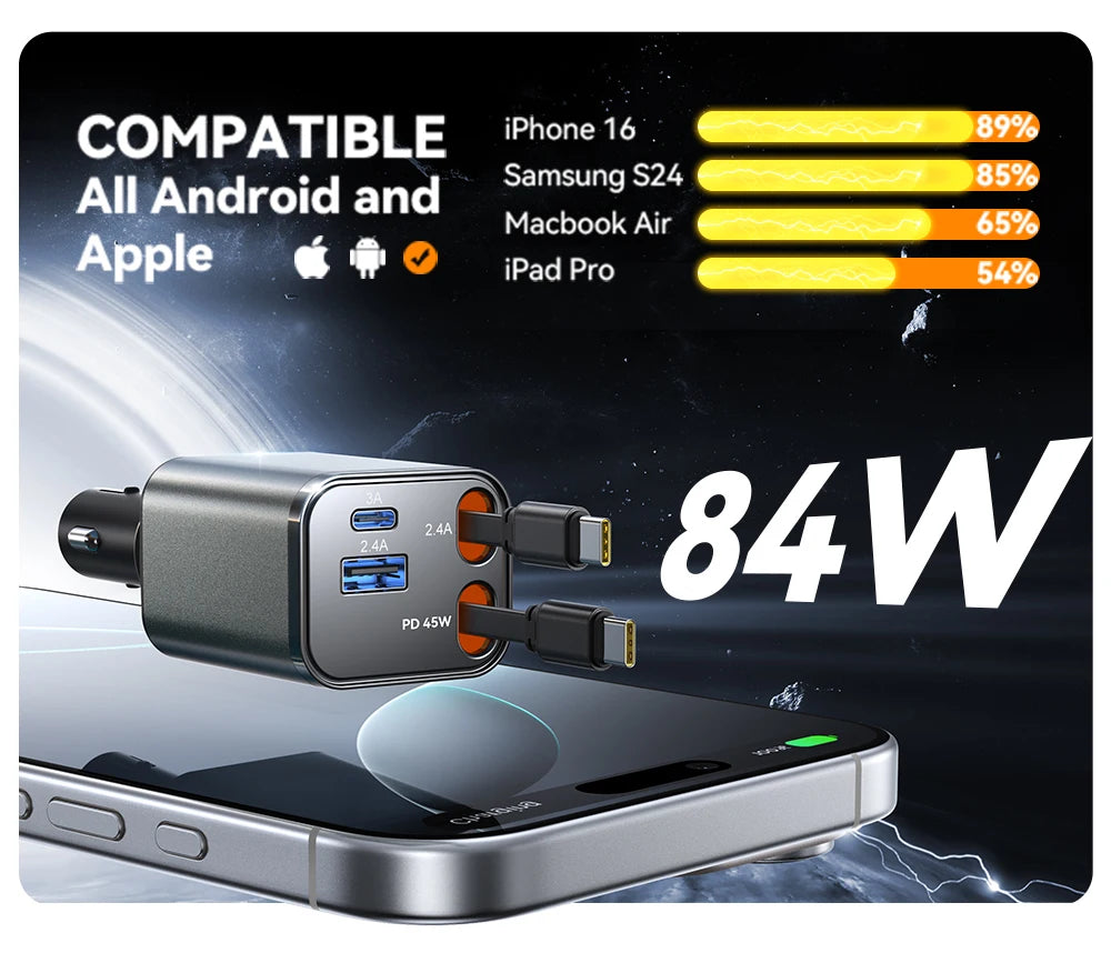 Joyroom 84W Retractable Car Charger Fast Car Charger USB C for iPhone 17 16 15 Fast Charging Car Accessories Car Adapter