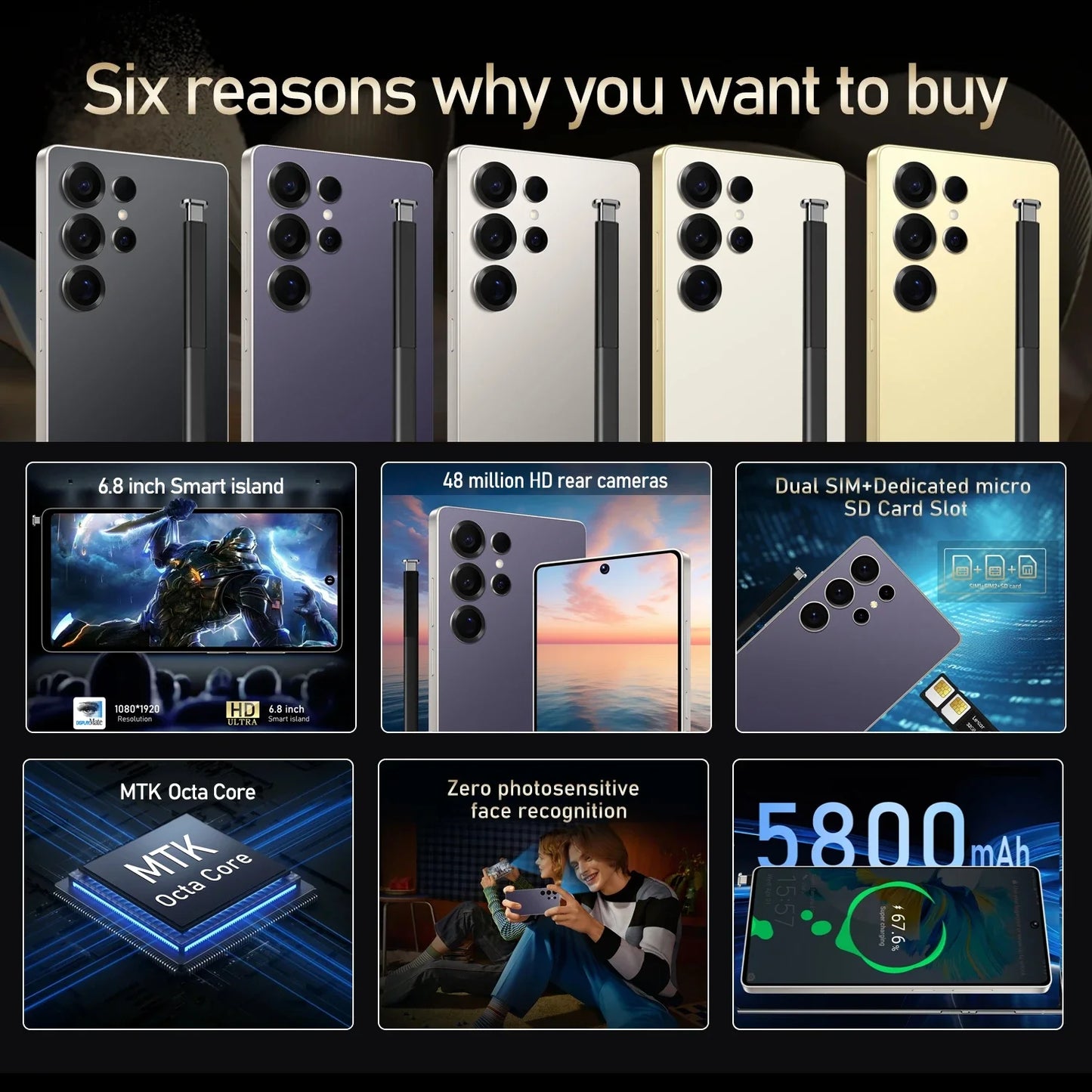 Global Vision S24 Ultra Smartphone 5G Android 5800mAH 8GB RAM 512G ROM 6.8Inch 1920x1080HD 24+48MP MTK10 4G Network Mobile Phone