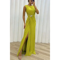 Women Sexy Dress New Sleeveless Solid Party Slim Empire Split Female Elegant Round Neck Fashion Long Clothing
