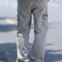 Men's multi pocket denim work pants straight leg denim pants