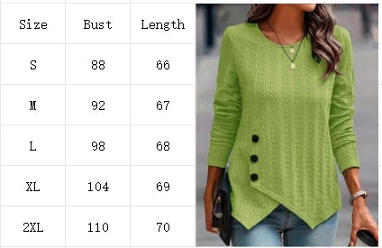 Women's Long Sleeve Round Neck Top Solid Color Button Jacquard T-Shirt Elegant Trend Autumn Top