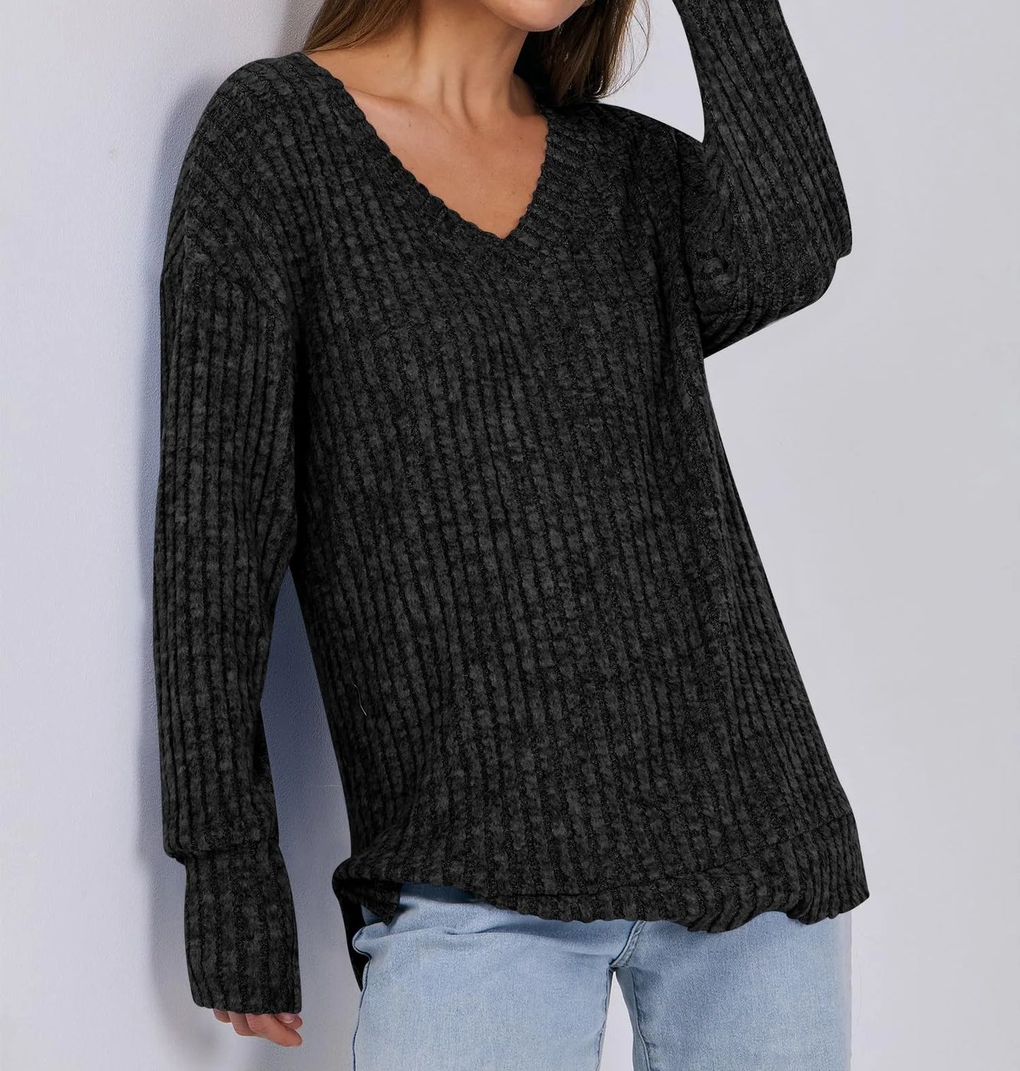 Women's Long Sleeve V-Neck T-Shirt Pit Stripe Milled Fashion Temperament Top