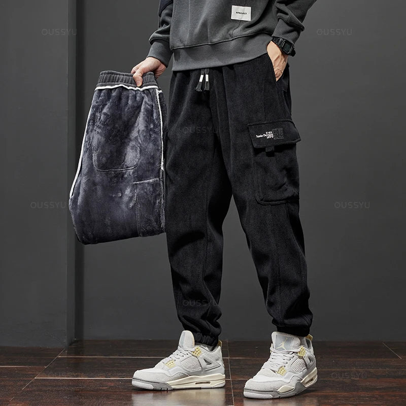 Winter Men's Fleece Warm Cargo Corduroy Pants Jogging Sweatpants Work Y2k Korean Pants Loose Harem Casual Trousers for Men