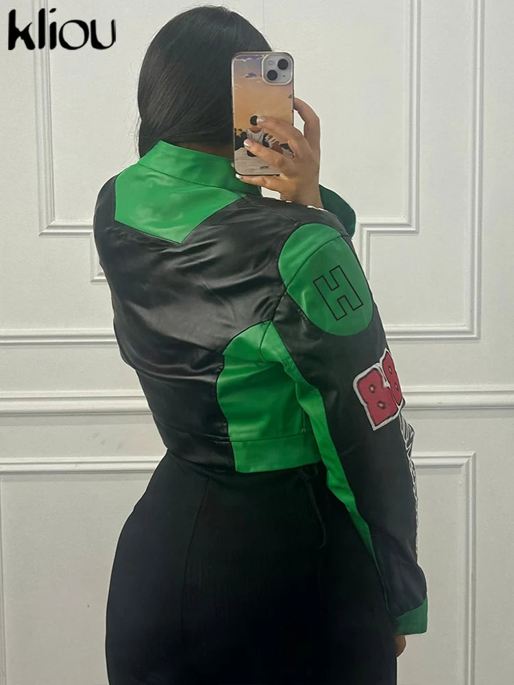 Cutenew Panelled Feather Women Coats New Letter Print Patchwork Buttons Full Sleeve Zip-up Crop Jackets Female Street Outwear