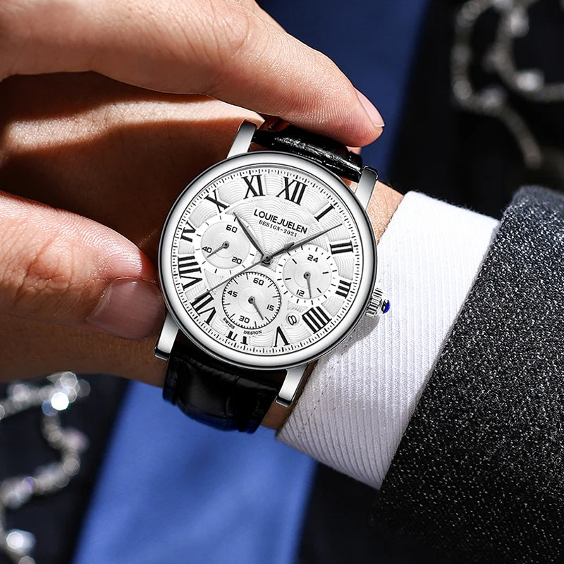 Fashion Mens Watches Top Brand Luxury Genuine Leather Strap Quartz Men's Watch Business Casual Date Chronograph Watch Men