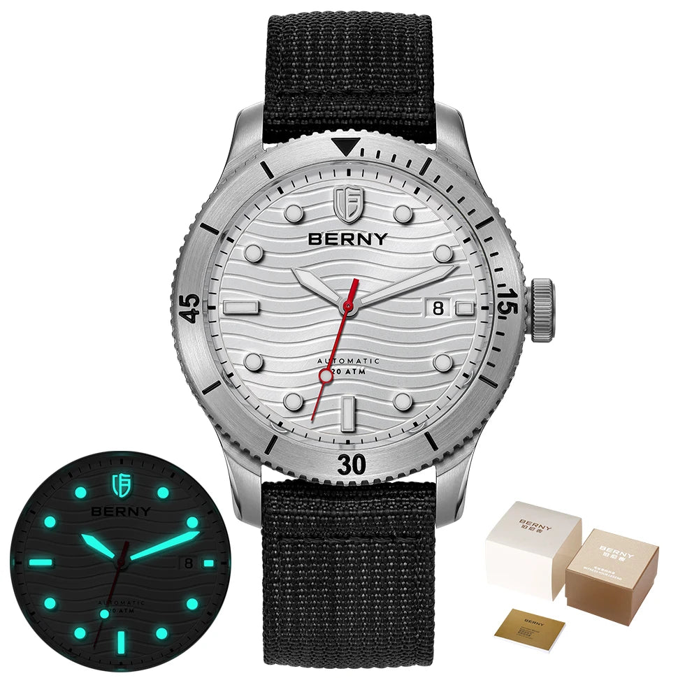 BERNY Top Automatic Diver Watch for Men PT5000 Movement 20ATM Waterproof Luminous Sapphire Lens Sport Swimming Diving Watch Men