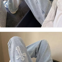 Cross Embroidery Y2k Jeans Mens Straight Denim Pants Casual Vintage Jeans Versatile Fashion Streetwear Spring High Street Pants