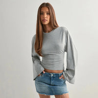 CUTENOVA Women Solid Color Round Neck Front Shoulder Wide Long Sleeves Cinched Waist Slim Top Daily Casual Simple Versatile Tops