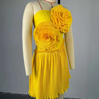 Joskaa 2025 Summer Women 3D Flower Decorate Strapless Pleated Irregular Hem Mini Dress Holiday Beachwear Party Clubwear S-XXL