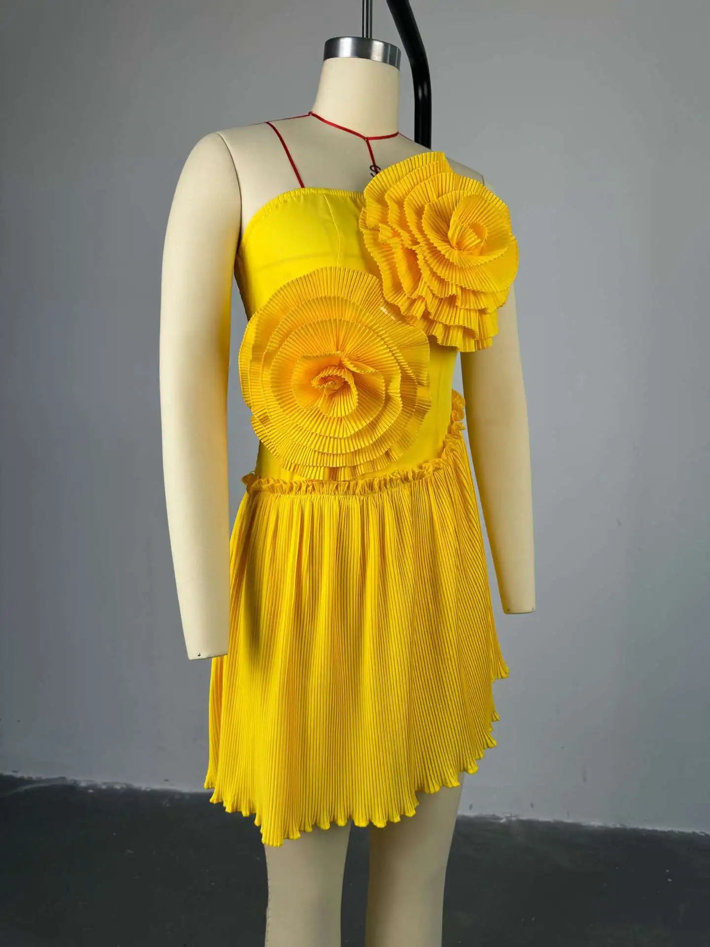 Joskaa 2025 Summer Women 3D Flower Decorate Strapless Pleated Irregular Hem Mini Dress Holiday Beachwear Party Clubwear S-XXL