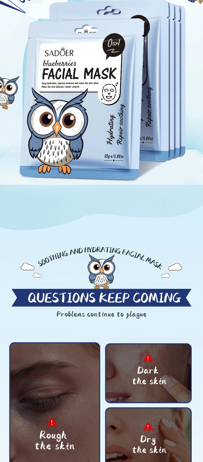 5pcs SADOER Cartoon Fresh Fruit Facial Mask Anti Wrinkle Moisturizing Soothing Brightening Hydrating Face Mask Skin Care