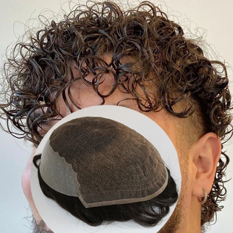 Q6  Swiss Lace Front&Pu Natural Hairline 1B40 1B65 Gray Black Men Toupee 24mm Curly Male Wigs Ash Blonde Human Hair Prosthesi