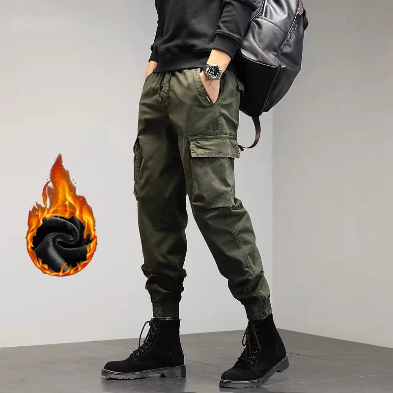 Men's Winter Snow Warm Thermal Plush Cargo Pants Comfortable Elastic Waist Casual Trousers Trend Versatile Concise Outside Pants