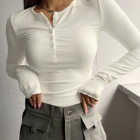 Women's Plain Half Button Front Ribbed Tee, Fashion Top, Casual Fit Long Sleeve Round Neck T shirt