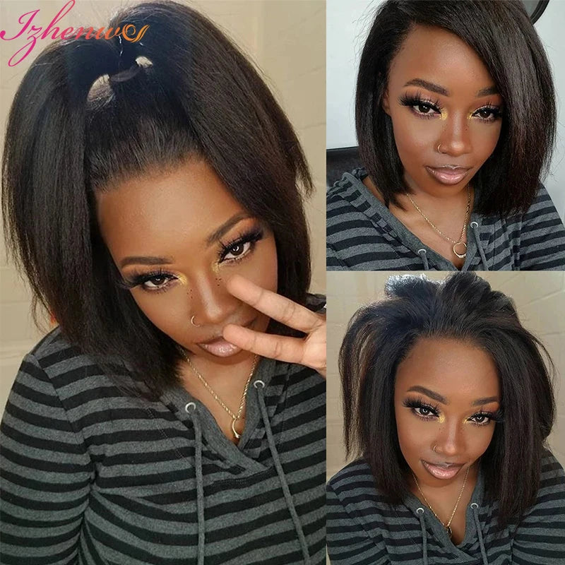 Kinky Straight Short Bob Human Hair Wigs for Women 13x4 Transparent Lace Frontal Peruvain Remy Hair Soft Yaki Straight Bob Wig