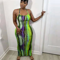 CM.YAYA Tie Dye Print Halter Open Back Maxi Dress Women Bodycon Sleeveless Splited Back Pencil Midi Long Dresses Summer 2021