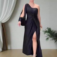 Slim Fit Pure Color Summer New Style Knot Slit Shoulder Women's Dress Fashionable Elegant Ankle Length One Shoulder Dress