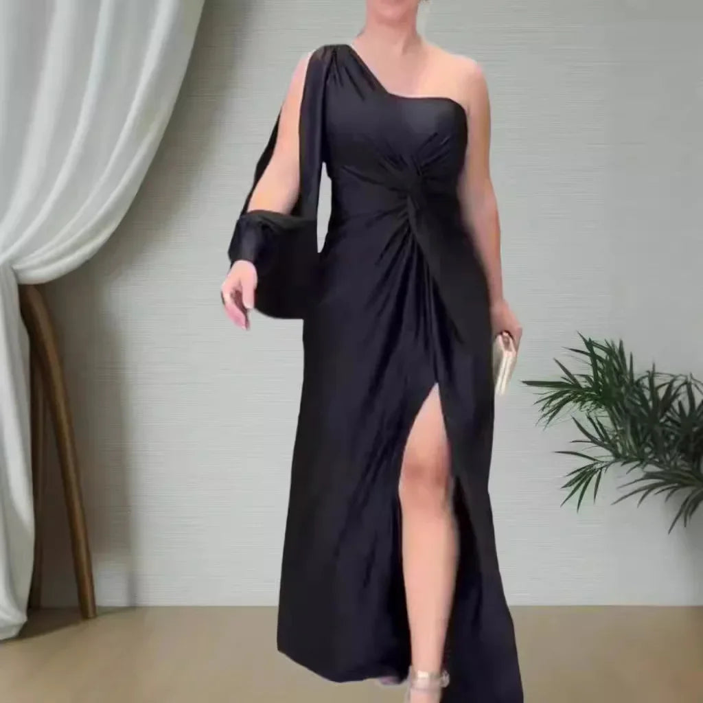 Slim Fit Pure Color Summer New Style Knot Slit Shoulder Women's Dress Fashionable Elegant Ankle Length One Shoulder Dress