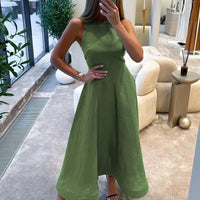 Oymimi Elegant Green Cotton Women's Dress Fashion O-Neck Sleeveless Dresses Casual New High Waist A-Line Mid-Calf Dresses Female