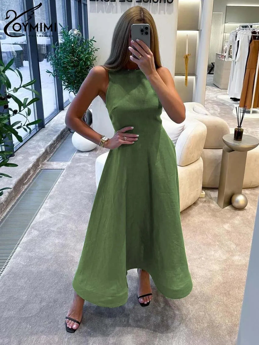 Oymimi Elegant Green Cotton Women's Dress Fashion O-Neck Sleeveless Dresses Casual New High Waist A-Line Mid-Calf Dresses Female