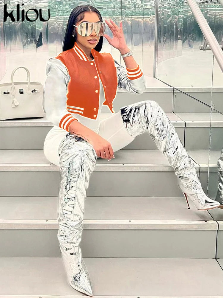 Kliou Letter Shape Patchwork Coats Women Casual Classic Panelled Long Sleeve Single Breasted Croped Jacket Female Street Outwear