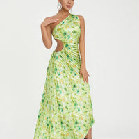 Women Elegant Long Dress Summer Sleeveless One-shoulder Pleated Hollowed Irregular Dress for Cocktail Party Beach Sundress Y2K