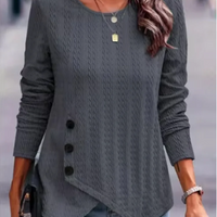Women's Long Sleeve Round Neck Top Solid Color Button Jacquard T-Shirt Elegant Trend Autumn Top