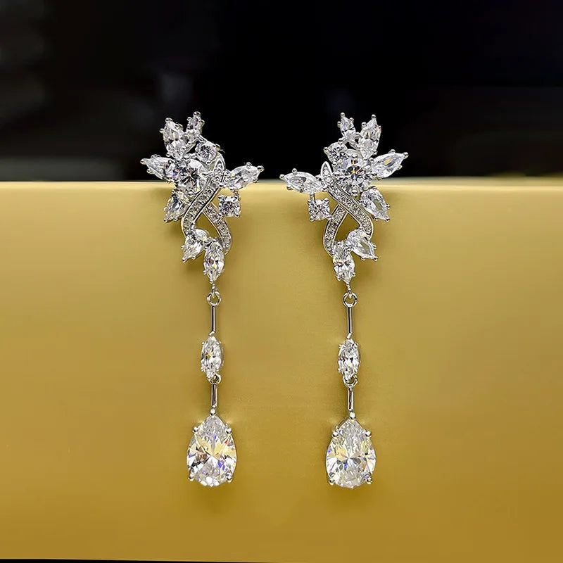 Delicate Female Earrings 925 Sterling Silver Zircon Long Hanging Earrings Women Water Droplet Shaped Horse Eye Ear Jewelry Gift