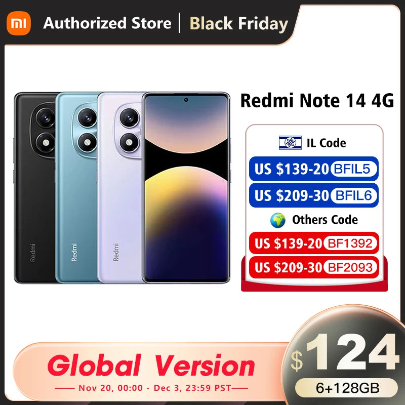 Xiaomi Redmi Note 14 Global Version MediaTek Helio G99-Ultra 108MP AI Camera 6.67" AMOLED 120Hz Display 5500mAh