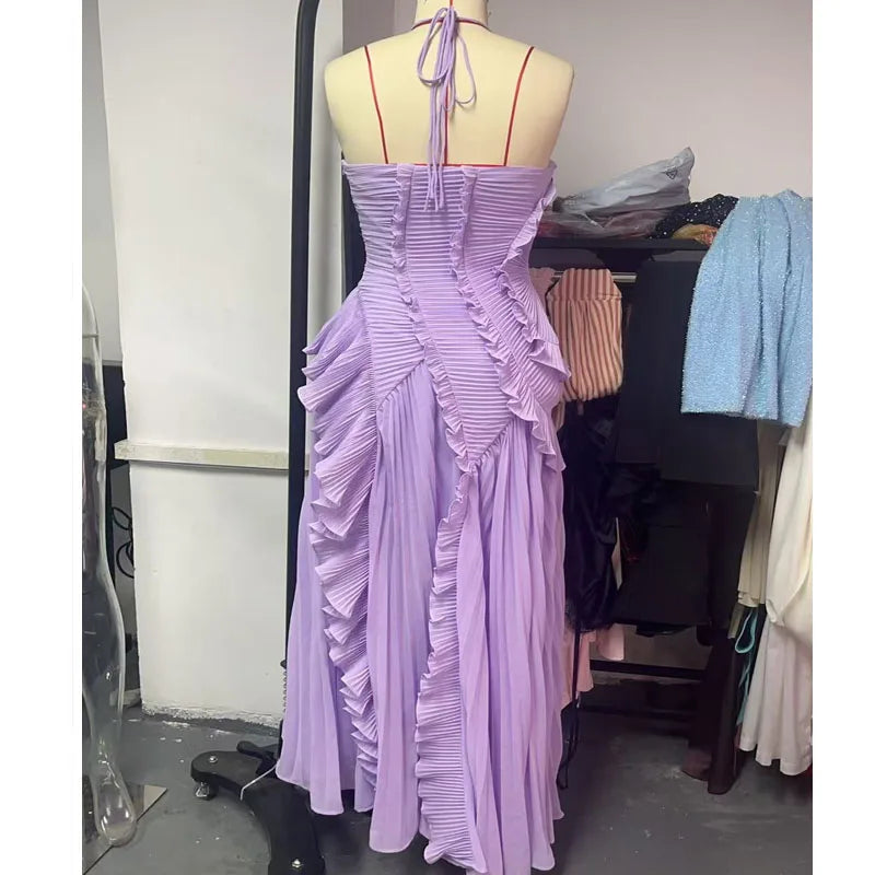 Chic Elegant Lotus Edge Maxi Dress Slim Fit Backless Lace Up Halter Robes Sleeveless Party Vestidos 2025 Nw Lady Vacation Gowns