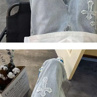 Cross Embroidery Y2k Jeans Mens Straight Denim Pants Casual Vintage Jeans Versatile Fashion Streetwear Spring High Street Pants
