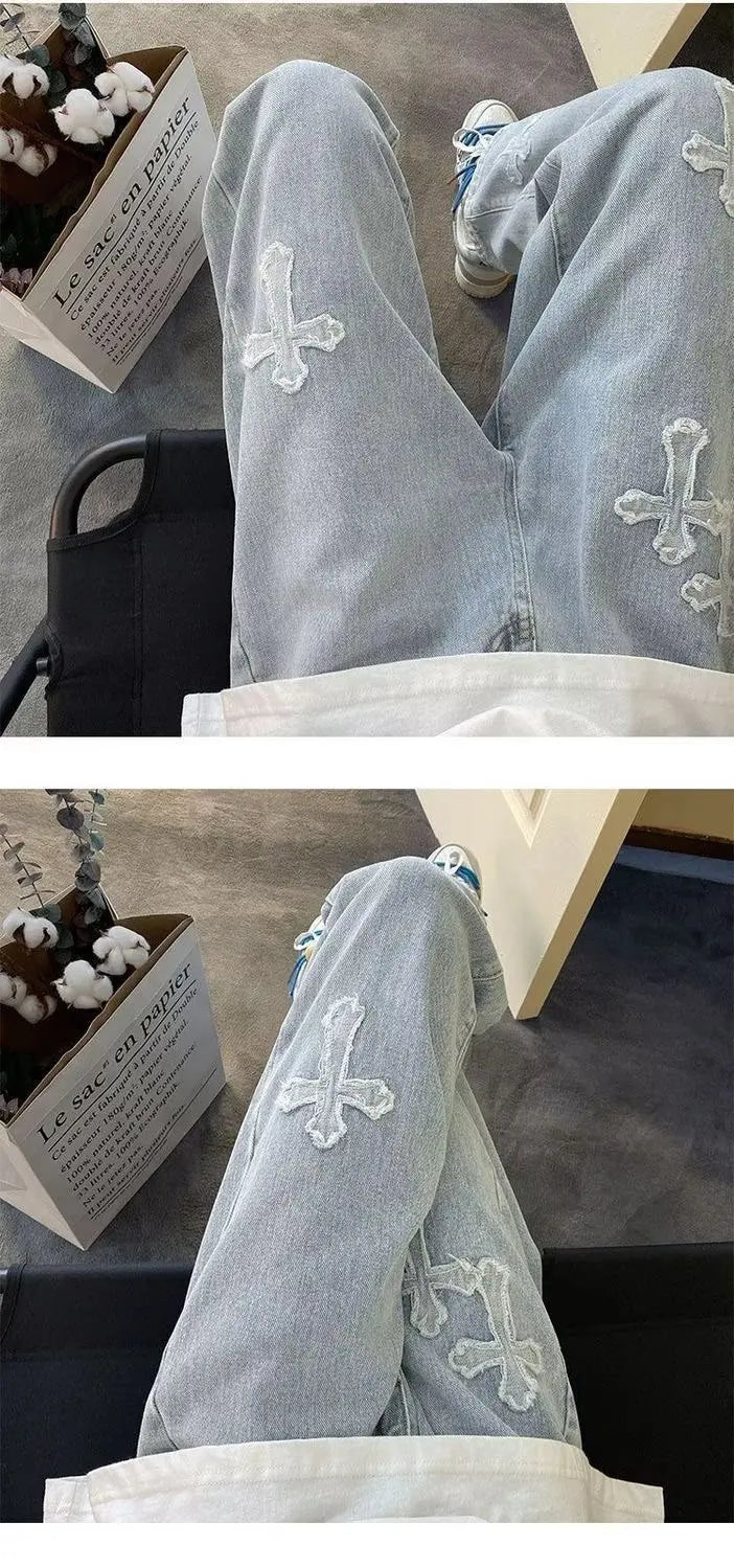 Cross Embroidery Y2k Jeans Mens Straight Denim Pants Casual Vintage Jeans Versatile Fashion Streetwear Spring High Street Pants
