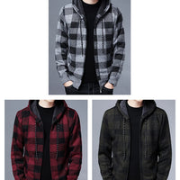 Men Sweater Jacket Fashion Winter Coat Fleece Hoodies High Quality Luxury Checkered Hooded Knit Cardigan Male Outer Wear