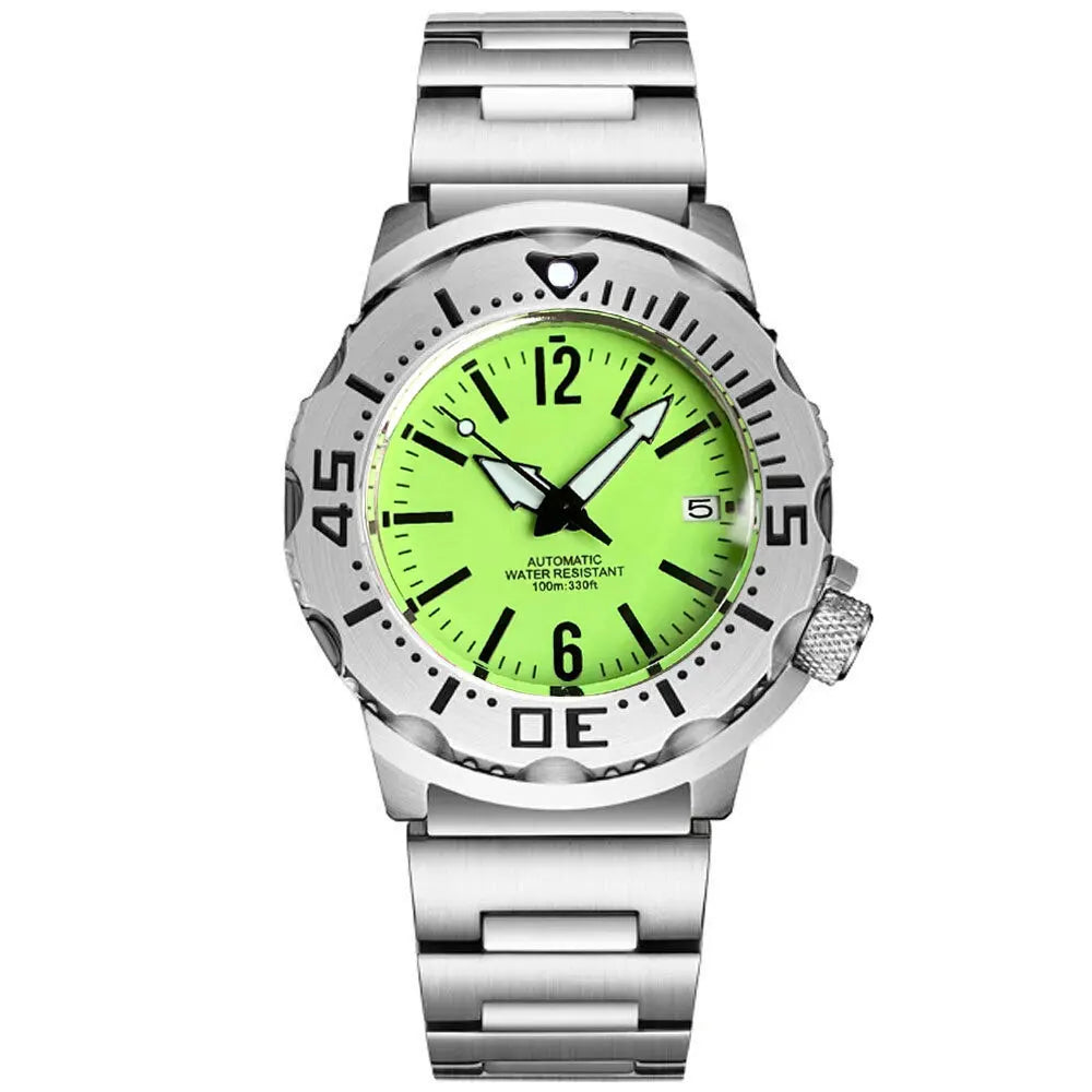 42mm Tandorio Monster Watches 20ATM Waterproof NH35ADiver Automatic Watch Men Sapphire Green Luminous Dial Steel Bracelet